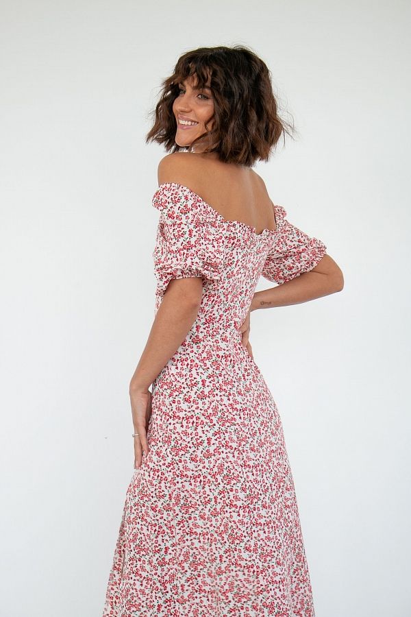 Сукня міді з роспіркою короткий рукав молочна в червоні квіти D0521КР/8 № 4