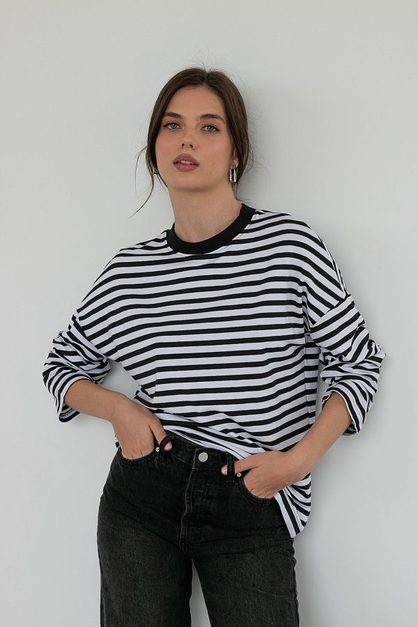 Лонгслів у смужку чорний (чорний комір) КС0123 #RU# Лонгслив черная полоска КС0123 № 5