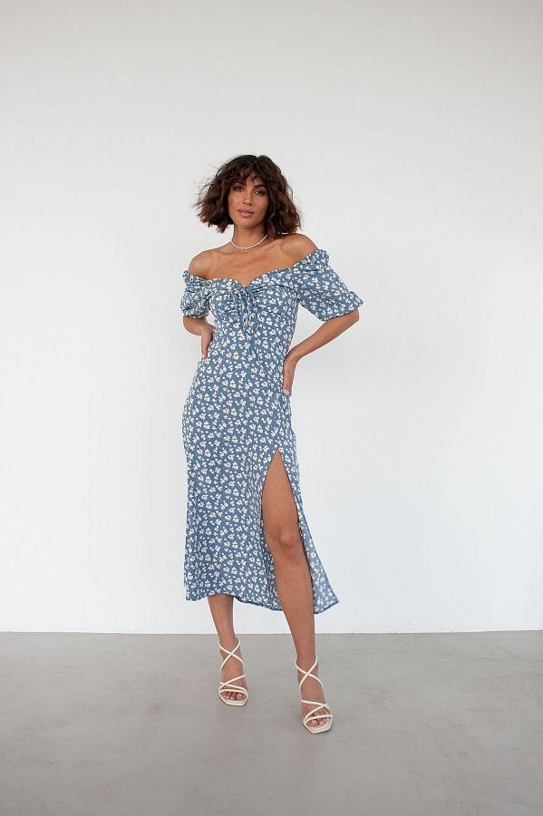 Сукня міді з роспіркою короткий рукав синя в білі квіти D0521КР/4 № 4