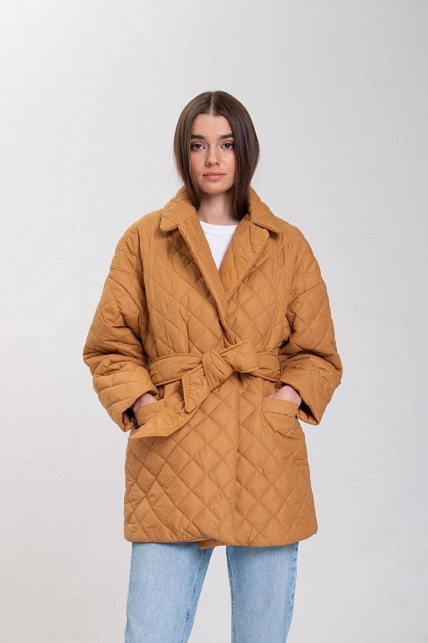 Куртка стьобана на кнопці з поясом гірчичний МБКТ001/6 #RU# Куртка стеганная на кнопке с поясом горчичная МБКТ001/6 № 1