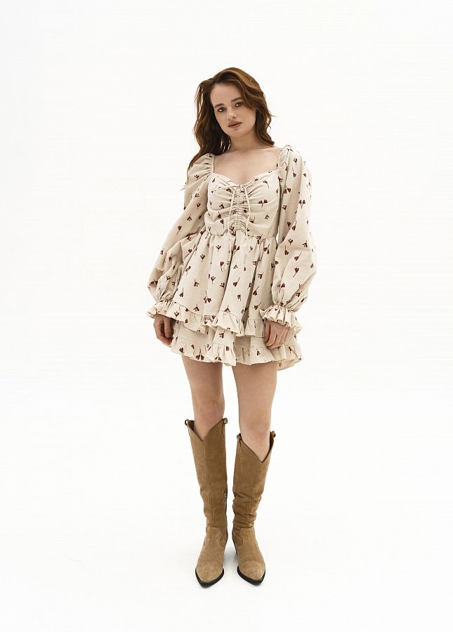 Сукня з подвійною спідницею бежева в коричневі квіти D0923/15 № 1