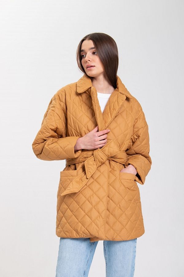 Куртка стьобана на кнопці з поясом гірчичний МБКТ001/6 #RU# Куртка стеганная на кнопке с поясом горчичная МБКТ001/6 № 2