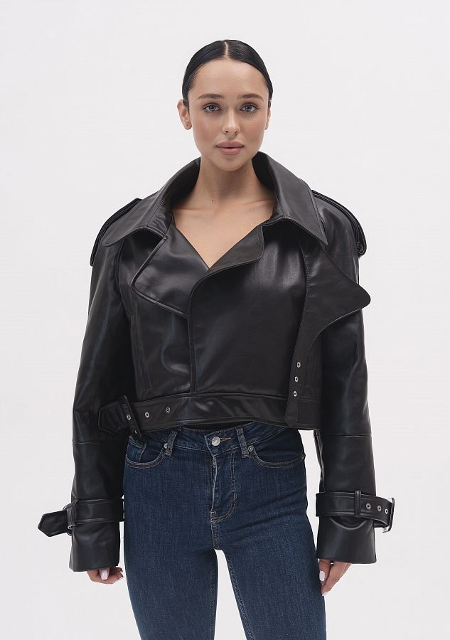 Тренч вкорочений з екошкіри чорний KTRP/02 № 3