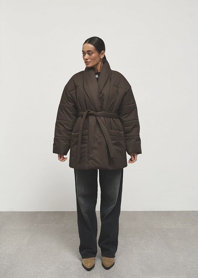 Пуховик подовжений під пояс преміум коричневий PUHPRK01/01 #RU# Пуховик удлиненный под пояс премиум коричневый  PUHPRK01/01 № 1