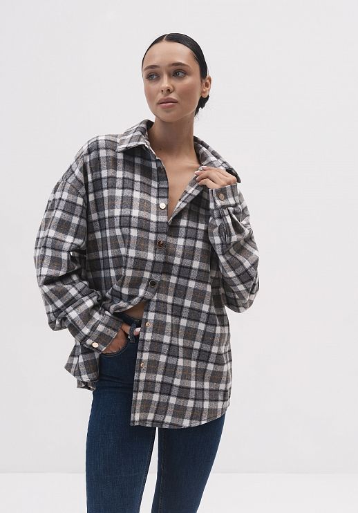 Сорочка в клітинку утеплена сіро-біла - №2