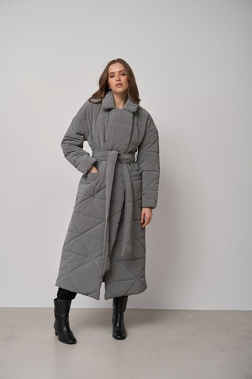 Куртка стьобана довга з поясом візерунок трикутник сіра