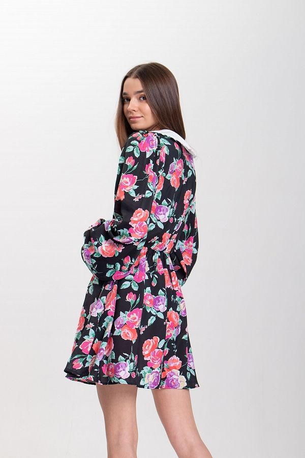 Сукня міні з білим коміром чорна в рожеві квіти D0423/1 № 5