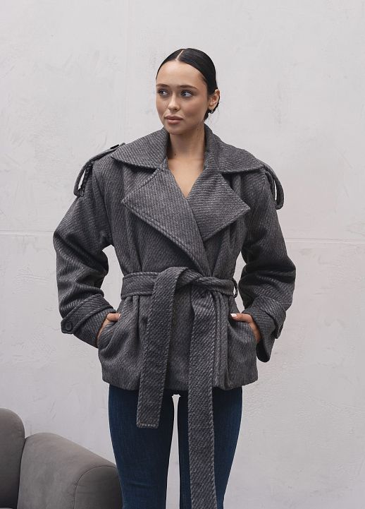 Пальто коротке з широкими плечами під пояс сіре - №2